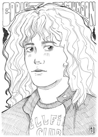 Eddie Black and white portrait of Eddie Munson from Stranger Things. This was drawn with a thin black fineliner. Eddie has big puppy eyes and full lips and a cute nose. His cheeks are lightly flushed. He has long messy 80s Rocker curls that are undefined. He is