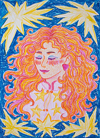 Chappell Fanart portrait of Chappell Roan made with oil pastels. She has her eyes closed, she's wearing blue and purple eye shadow with a little silver star placed in the corner of her left eye. She has blush on her cheeks and she wears red lipstick. Her long big c