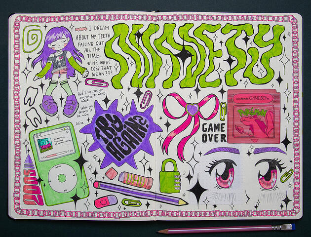 Sketchbook spread made with traditional media showing a bunch of nostalgic 1990s and 2000s style images and technology. There are bright green morphed letters that say "NINETY", a green iPod classic, a Pokemon red game with Charizard on it, a pair of very
