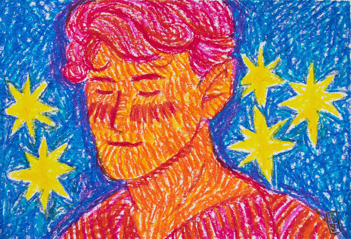 Elrond Oil pastel drawing of Elrond from Rings of Power. Head to shoulders. His expression is soft and kind, he's smiling and his eyes are closed, maybe he just thought of a joyful memory. I've drawn him with yellow, orange, red and pink oil pastels and the backg