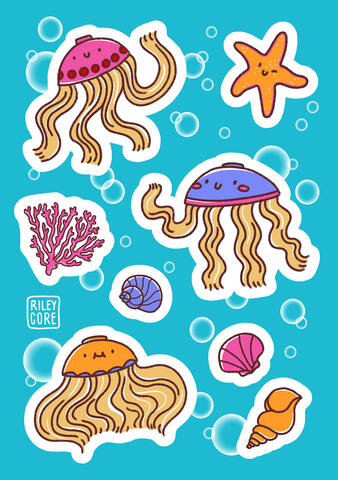 Jellyfish Ramen Digital illustration of 3 jellyfish which looks like bowls of Ramen upside down and their "arms" are the noodles. As well as one orange starfish, a pink coral and 3 shells, one orange, one pink and one blue.