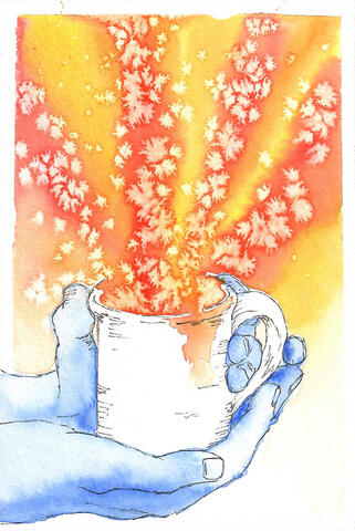Water color and pen sketch of two hands holding a cup that is bursting with yellow and orange micro stars.