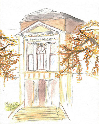Gallery water color and pen sketch of the entrance area of the art gallery in Bremen, germany.