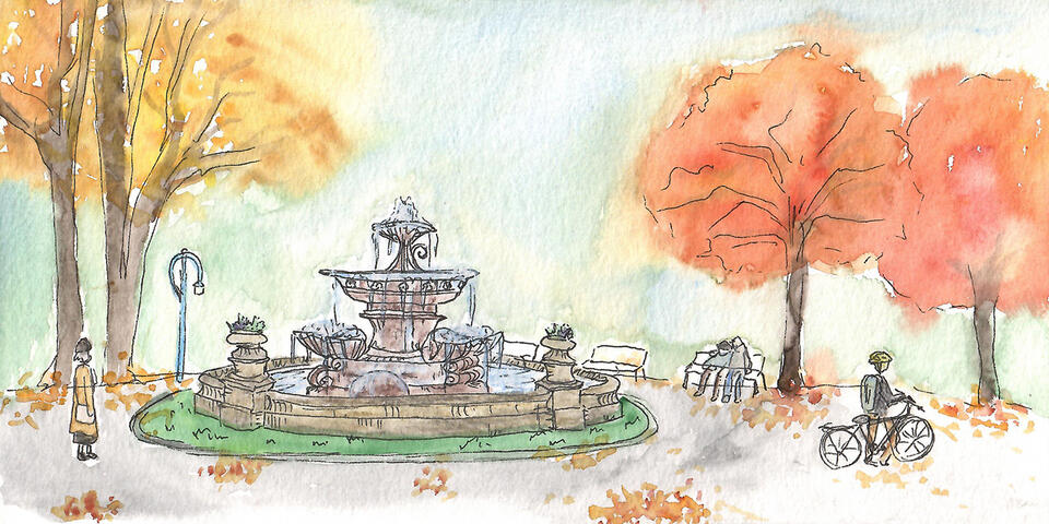 A water color and pen sketch of a fountain and a few trees and people on bikes at a park in autumn.
