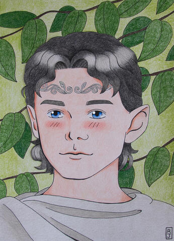 Elrond portrait of young Elrond from Rings of Power. He has short wavy dark grey hair, striking blue eyes, rosey cheeks and pointy ears. His expression is kind. He's wearing his silver circlet and his grey robe. There are lots of bright green leaves in the backgr