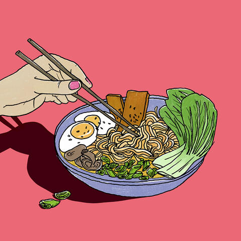 Ramen Digital drawing of a bowl of Ramen with lots of colorful ingredients like mushrooms, egg, bok choi and noodles. on the left side there is a hand holding chopsticks.