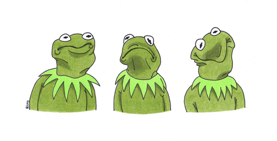 3 drawings of Kermit the frog making faces.