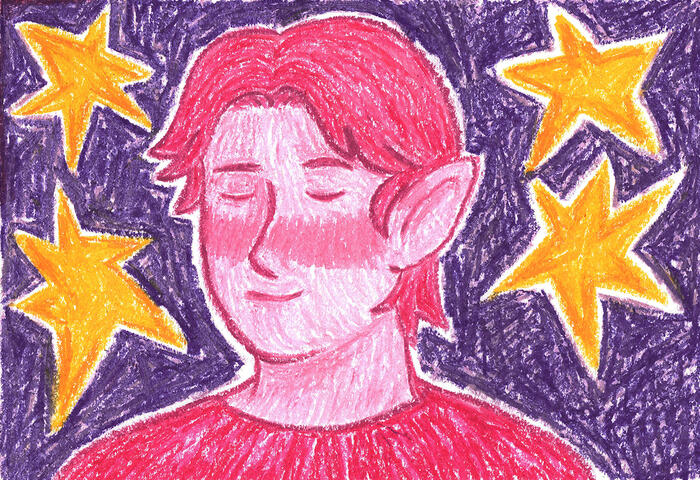 Oil pastel portrait drawing of me as an elf. Short hair, pointy ear, calm expression, blushing, soft chin in a pink and magenta color palette. Yellow stars on a purple background.