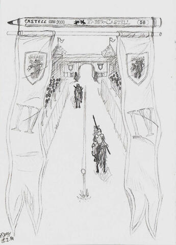 Pencil drawing of two banners with medieval crests on them, that are hung on a big pencil, in front of a scene of a medieval jousting tournament. Two knights are approaching each other with their lances.