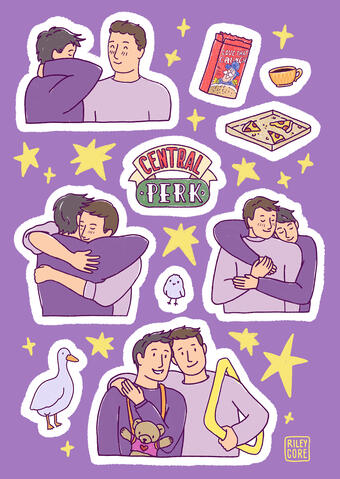One big drawing filled with 4 drawings of Joey and Chandler as well as the Central Perk Logo in the middle, the duck and the chick, cereal box, pizza, coffee cup... surrounded by lots of stars