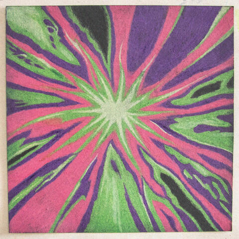 green-pink-purple Drawing with colored pencils on black paper. It shows a Windows Media Player visualization from back in the 2000s. It's a bright star in the middle with green, pink and purple swirls around it.