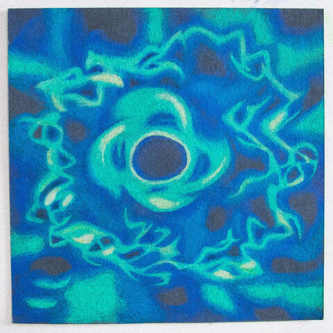 Drawing with colored pencils on black paper. It shows a Windows Media Player visualization from back in the 2000s. It's blue swirls with some light green and dark blue.