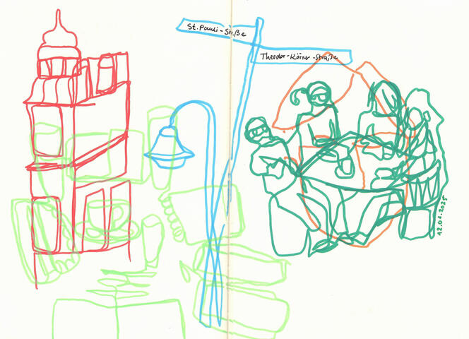 urban sketching sketch of a building, a street lamp and sign, a table full of people and the stuff on the table like sketchbooks, glasses, pens.
