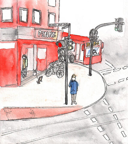 Bremer Neustadt sketch made with watercolors and pens. it's showing a Penny Supermarket. A person is standing at a traffic light and there is a red bus on the right hand side of the drawing.