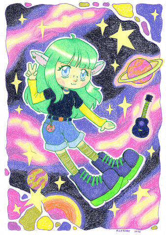 Willow Traditional Artwork made with wax pastels. Fanart of Willow from the movie Lesbian Space Princess. Willow is a human like being with furry ears and everything else seems human about them. They have light skin, big blue eyes, long green hair and a cute expr